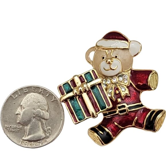 Red Green Enamel Clear Rhinestone Christmas Bear With Gift Trembler Brooch, K826 - Picture 7 of 10